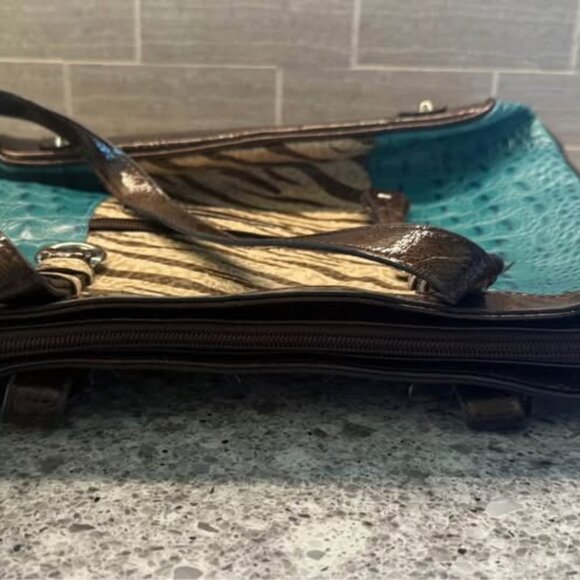 Teal and Brown Croco Embossed Animal Pattern Leather MC Medium Shoulder Handbag - Picture 7 of 10